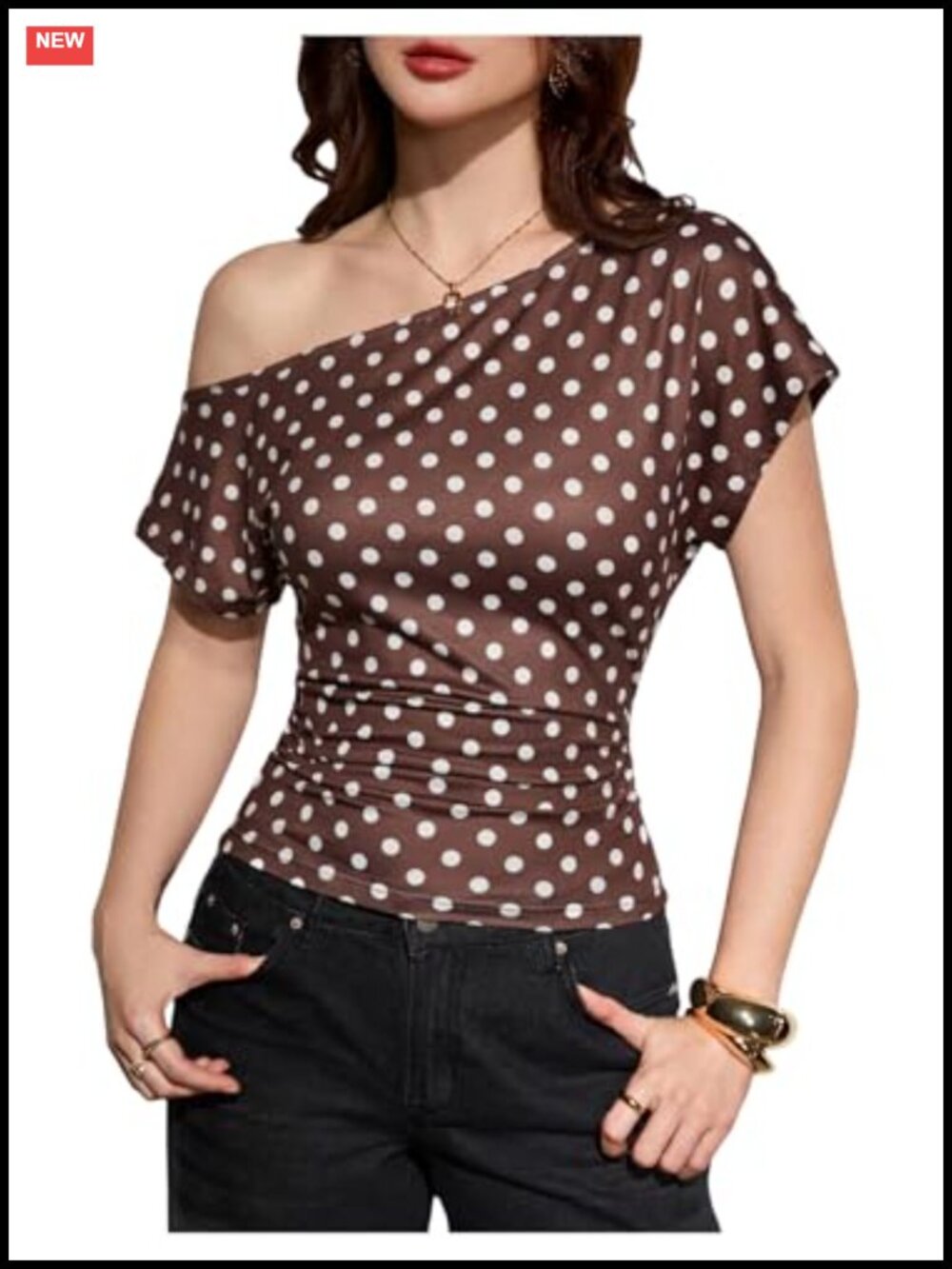 Women's Polka Dots Fitted Crop Top Ruched Boat Neck Short Sleeve T Shirt